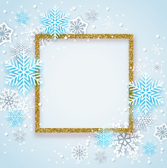 Christmas background with golden frame and snowflakes.