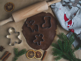 Christmas Cookies Preparation, Dough,  New Year Concept, Background, Food, Rolling Pin Metal Form Star Gingerbread Man Toned Retro