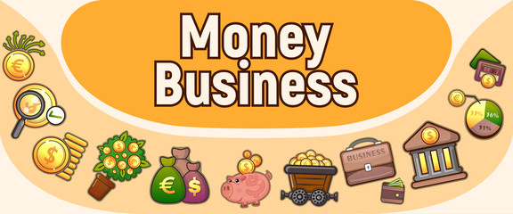 Money business concept banner. Cartoon banner of money business vector concept for web, giftcard and postcard