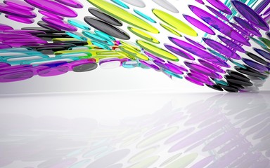 abstract architectural interior with colored smooth glass sculpture. 3D illustration and rendering