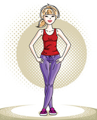 Attractive young blonde sportswoman adult standing. Vector illustration of lady wearing leggings and T-shirt.  Sport style.