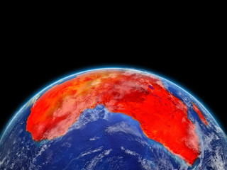 Africa on planet planet Earth. Extremely detailed planet surface and clouds. Continent highlighted in red.
