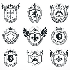 Fototapeta na wymiar Vector emblems, vintage heraldic designs. Coat of Arms collection, vector set.