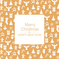 Orange Merry Christmas and Happy New Year card with festive pattern.