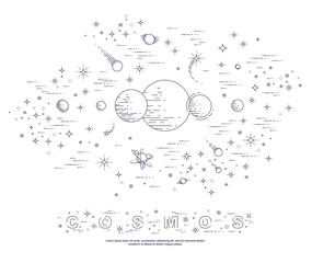 Fantastic undiscovered galaxy with unknown planets, science fiction, with stars and other elements. Explore universe, breathtaking space science. Thin line 3d vector illustration.