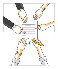 Bank customer write a sign on financial form of money credit with employees helps him and explains the terms of loan or Businessman signs contract paper, top view of desk with people hands. Vector.