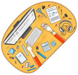 Office desk workspace top view with hands of office employee or entrepreneur, PC computer and diverse stationery objects for work. All elements are easy to use separately. Vector illustration.