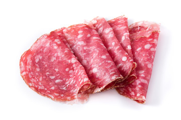 fresh salami sausage slices isolated on white background