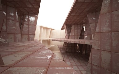 Empty smooth abstract room interior of sheets rusted metal and wood. Architectural background. 3D illustration and rendering