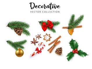 Set of decorative 3d elements isolated on white for Christmas and New Year design.