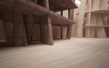 Empty smooth abstract room interior of sheets rusted metal and wood. Architectural background. 3D illustration and rendering