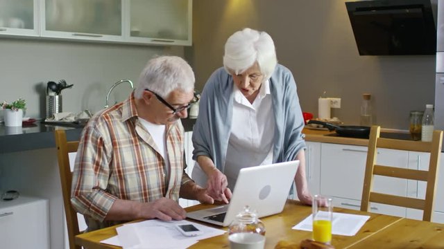 Medium shot of elderly woman standing close to elderly man who is sitting showing him how to use laptop