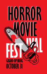 Fototapeta premium Vector banner for festival horror movie. A bloody chainsaw and blood spatter. Scary movie promotional print. Can be used for advertising, banner, flyer, ticket, web design, t-shirt design