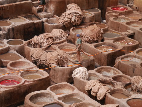 Traditional tannery in the medina of Fez, Morocco, with several workers dyeing leather in chemicals