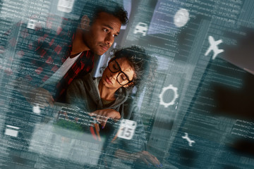 Young multinational code developers, team work of new navigation project