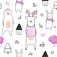 Tapeten Kleines Reh Zeichnen Sie nahtlose Muster Bärenhirsche und Kaninchen auf Weiß.
