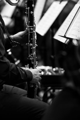 Fototapeta premium Hands of a musician playing bass clarinet closeup in black and white tones