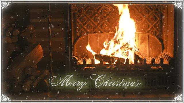 Fireplace. Christmas and snow. Congratulation. 