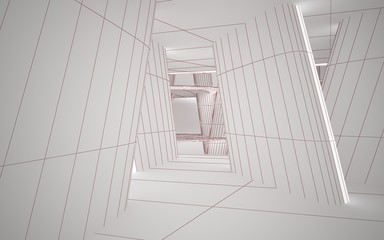 Abstract white interior highlights future. Polygon red drawing. Architectural background. 3D illustration and rendering