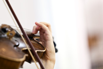 Girl's hand on violin strings closeup