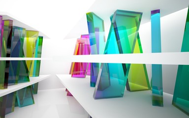 abstract architectural interior with geometric glass sculpture and  white lines. 3D illustration and rendering