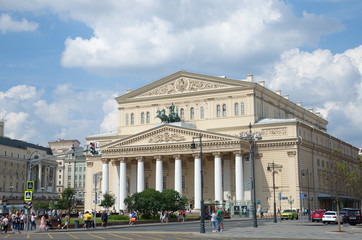 Fototapeta na wymiar Moscow, Russia - July 16, 2018: View to the Bolshoi theatre building from the Theatrical passage 