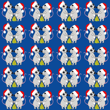 Mice celebrate Christmas with a Christmas tree, seamless background. Drawing, vector illustration.