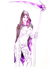 Girl with a scythe of death and the skull of an elf
