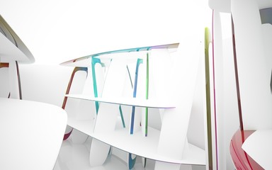 Abstract dynamic interior with white smooth objects and  colored glass lines. 3D illustration and rendering