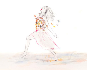 woman in a dress runs across the field full of butterflies. Pencil drawing.