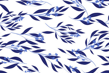 Seamless Summer Pattern in Watercolor Style. Vector Eucalyptus Leaves. Beautiful Branches and Floral Elements. Tropical Plants. Botanical Background. Summer Pattern for Wedding Design, Print, Textile.