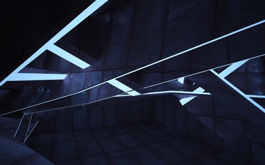 Obraz premium Empty smooth abstract room interior of sheets rusted metal and blue light. Architectural background. Night view of the illuminated. 3D illustration and rendering