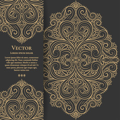 Gold vintage greeting card on a black background. Luxury vector ornament template. Mandala. Great for invitation, flyer, menu, brochure, postcard, wallpaper, decoration, or any desired idea.