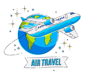 Plane airliner with earth planet and ribbon with typing, airlines air travel emblem or illustration. Beautiful thin line vector isolated over white background.