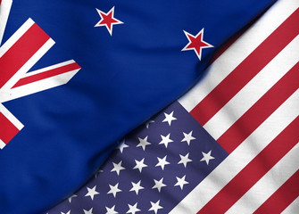 Two flags.  Flag of the United States. Flag of New Zealand.