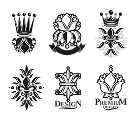 Obraz premium Lily Flowers Royal symbols, floral and crowns, emblems set. Heraldic Coat of Arms decorative logos isolated vector illustrations collection.