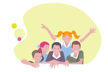Group of children in flat style, vector illustration. Funny kids on the abstract background.  