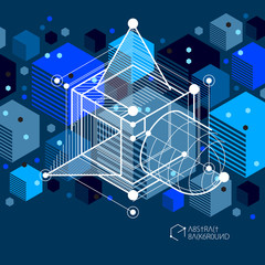 Fototapeta premium Engineering technology vector dark blue wallpaper made with 3D cubes and lines. Engineering technological wallpaper made with honeycombs. Abstract technical background.