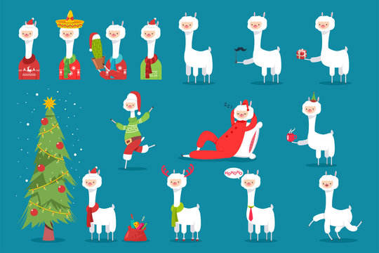 Cute Christmas llama in Santa hat, reindeer antlers, with tree, bag and box of gifts, cup of coffee, in Mexican hat and cactus. Vector flat holiday funny character set isolated on background.