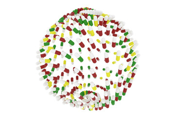 Health conceptual bunch of capsules or medical pills with white background.