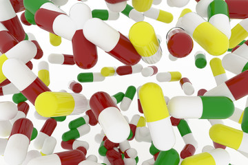 Health conceptual bunch of capsules or medical pills with white background.