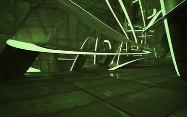 Obraz premium Empty smooth abstract room interior of sheets rusted metal and green light. Architectural background. Night view of the illuminated. 3D illustration and rendering