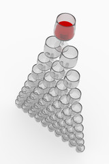 Transparent glasses with a glass of red wine on top.