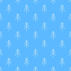 Winter vector seamless pattern with linear Christmas tree on blue background