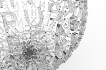 Alphabets character, illustrations of CGI typography transparency glass, b&w black & white sphere or planet.