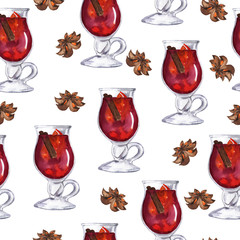 Seamless pattern with red mulled wine glasses and anise stars on white background. Hand drawn watercolor illustration.