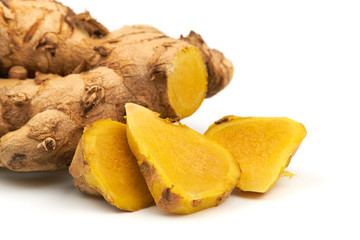 Yellow herb or The Plai on a white background. (Zingiber montanum)