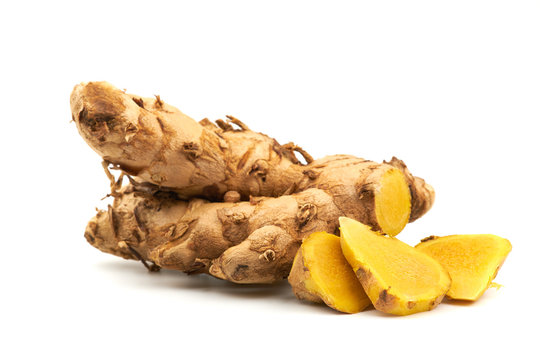 Yellow herb or The Plai on a white background. (Zingiber montanum)