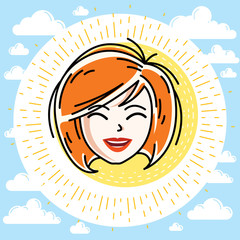 Beautiful women face, human head. Vector redhead character, attractive lady face features.