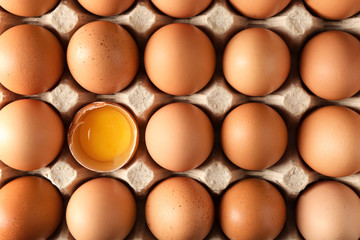 Cracked and whole chicken eggs in carton pack, top view